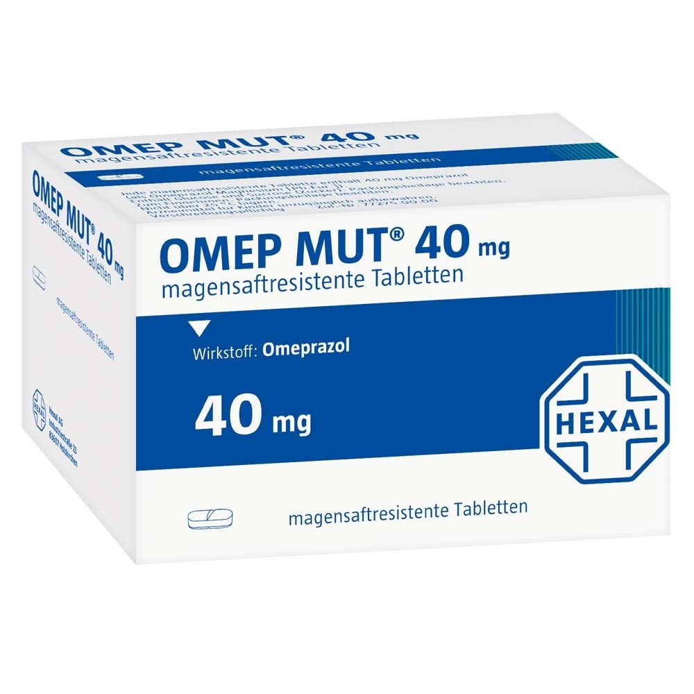 Weiße Schachtel mit blauer Fläche. OMEP MUT 40 mg, magensaftresistente Tabletten. Wirkstoff: Omeprazol. HEXAL Logo.