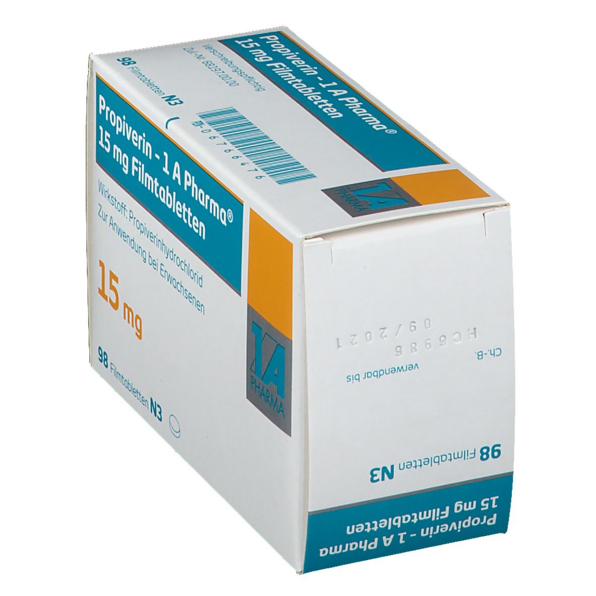 Schachtel Propiverin-1 A Pharma 15 mg Filmtabletten. Ansicht schräg von vorne. Weiße, blaue und orangefarbene Verpackung.