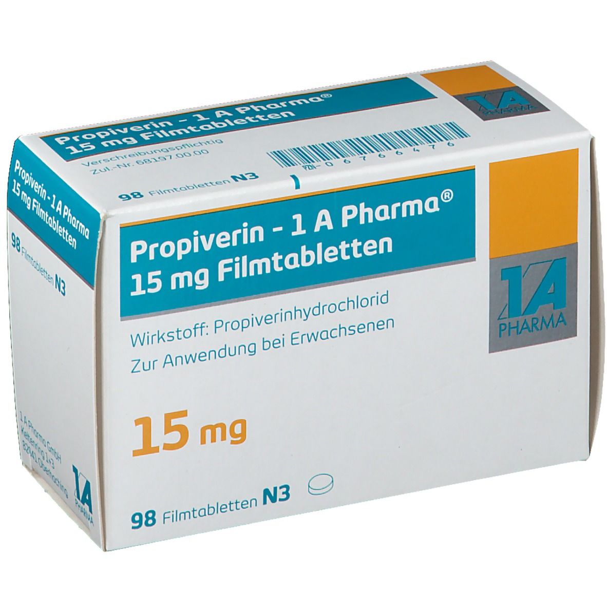 Schachtel mit Propiverin-1 A Pharma 15 mg Filmtabletten. Blaue und weiße Verpackung mit Produktinformationen und Logo.