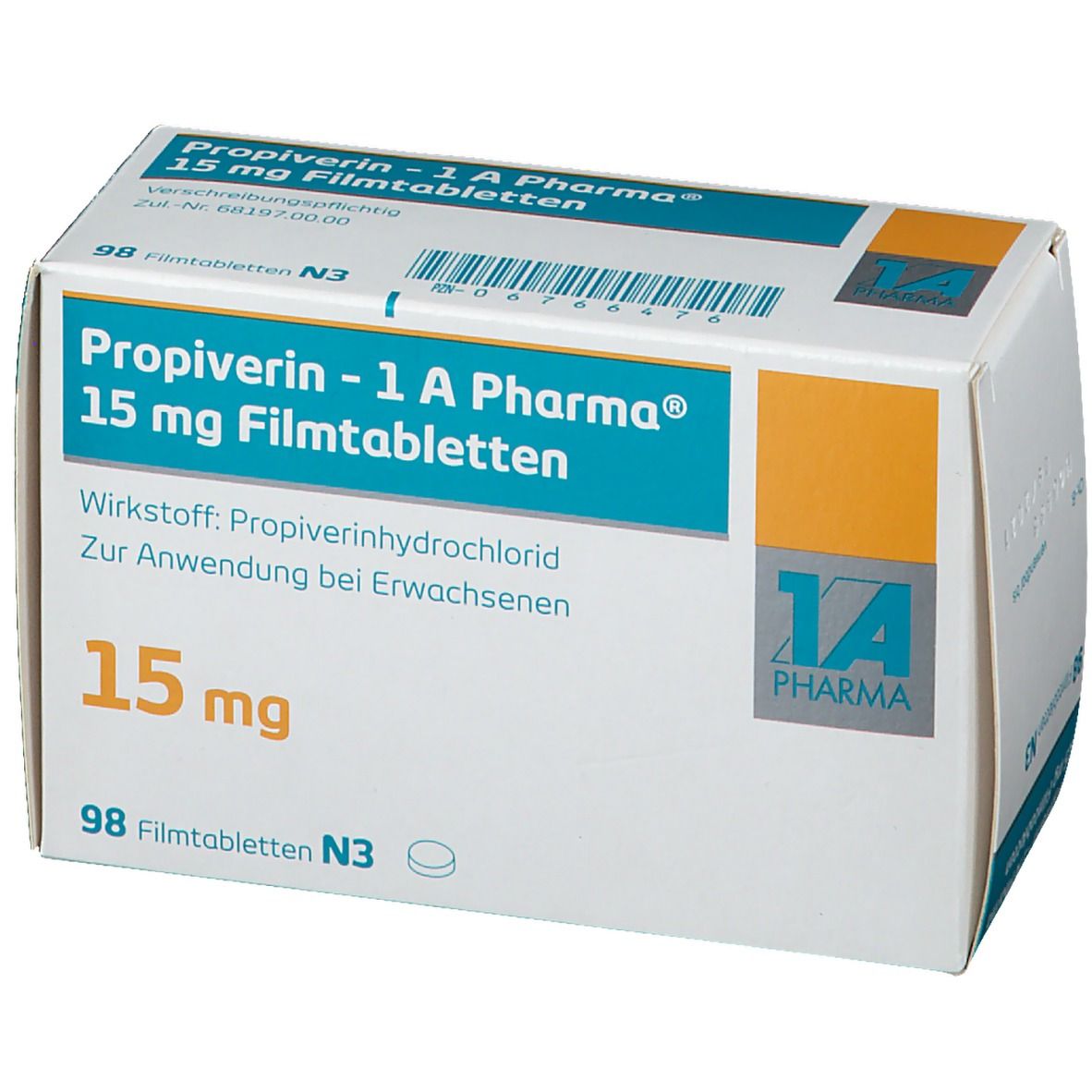 Schachtel mit Propiverin-1 A Pharma 15 mg Filmtabletten. Blaue und weiße Verpackung mit Produktinformationen und Logo.