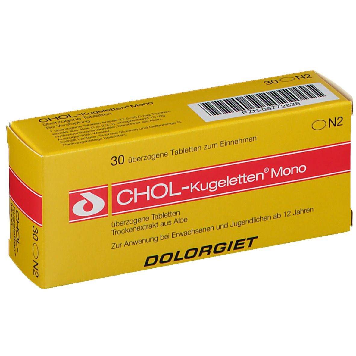 Gelbe Schachtel mit roter Schrift. Aufschrift: CHOL-Kugeletten Mono, 30 überzogene Tabletten. PZN-06772838.