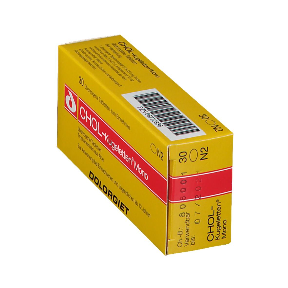 Gelbe Schachtel, schräg. Aufschrift: CHOL-Kugeletten Mono, 30 überzogene Tabletten. PZN-06772838. Verwendbar bis 07/2024.