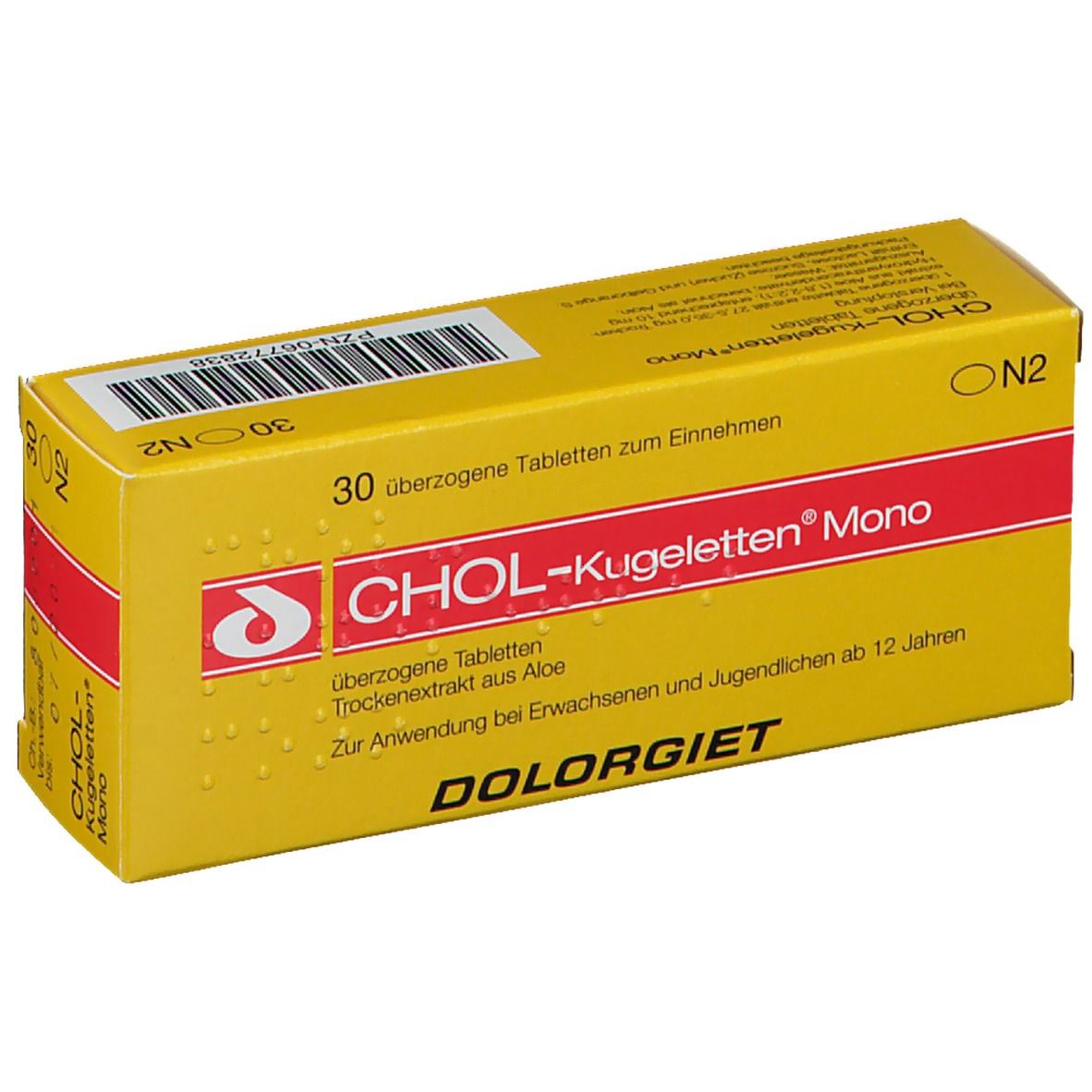 Gelbe Schachtel mit roter Schrift. Aufschrift: CHOL-Kugeletten Mono, 30 überzogene Tabletten. PZN-06772838.