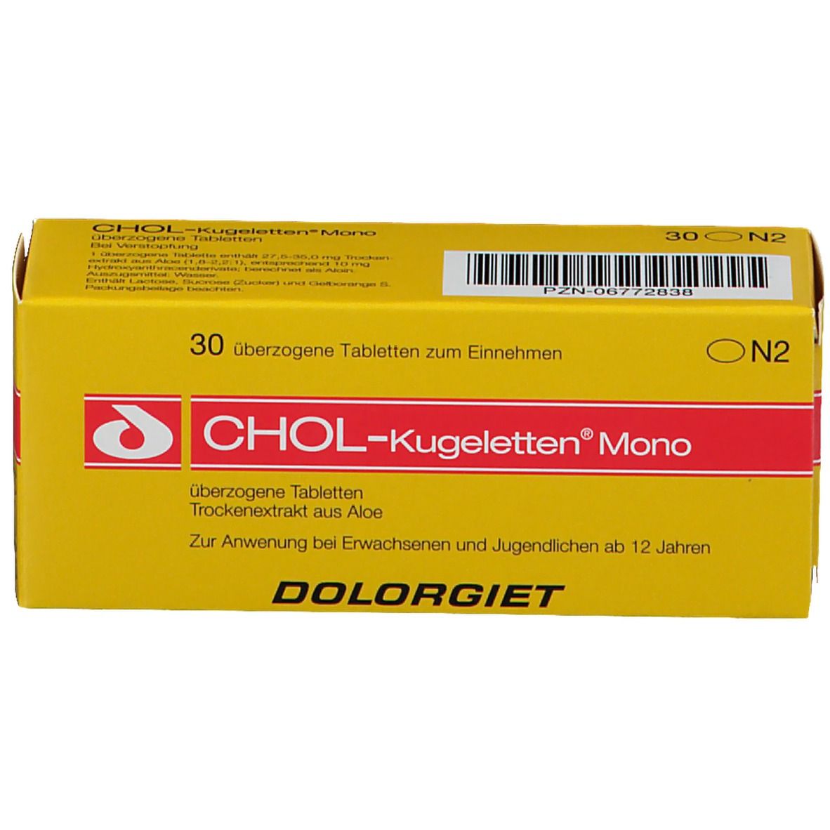 Gelbe Schachtel mit roter Schrift. Aufschrift: CHOL-Kugeletten Mono, 30 überzogene Tabletten. PZN-06772838.