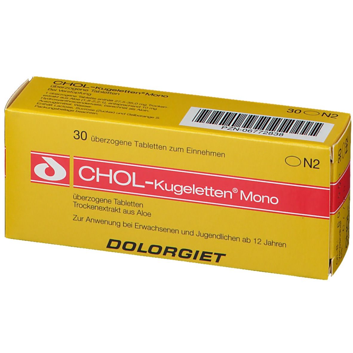 Gelbe Schachtel mit roter Schrift. Aufschrift: CHOL-Kugeletten Mono, 30 überzogene Tabletten. PZN-06772838.