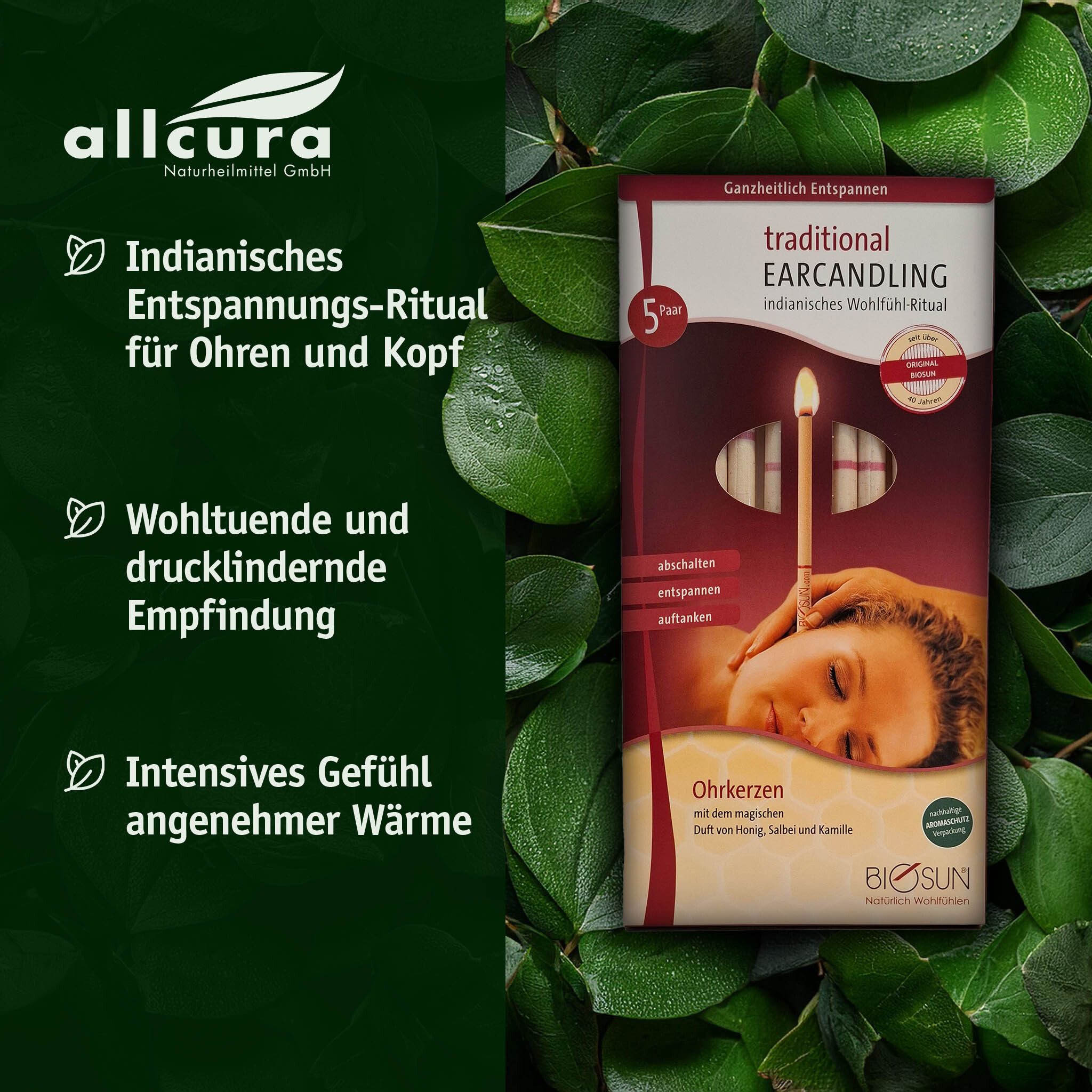 Produktverpackung mit 5 Ohrkerzen. Aufschrift: Traditional Earcandling, Biosun. Umgeben von Blättern. Text über Entspannung.