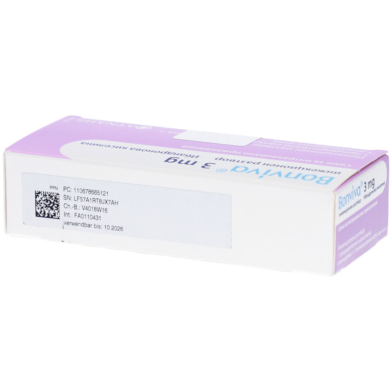 BONVIVA 3 mg Verpackung. Lila Schachtel mit Produktnamen und Dosierung. Enthält eine Fertigspritze und eine Injektionsnadel. Barcode.