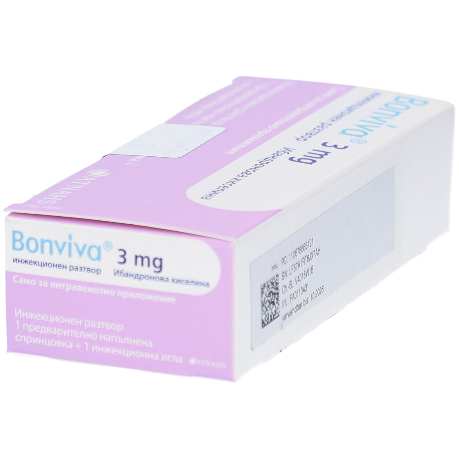 BONVIVA 3 mg Verpackung. Lila Schachtel mit Produktnamen und Dosierung. Enthält eine Fertigspritze und eine Injektionsnadel. Barcode.