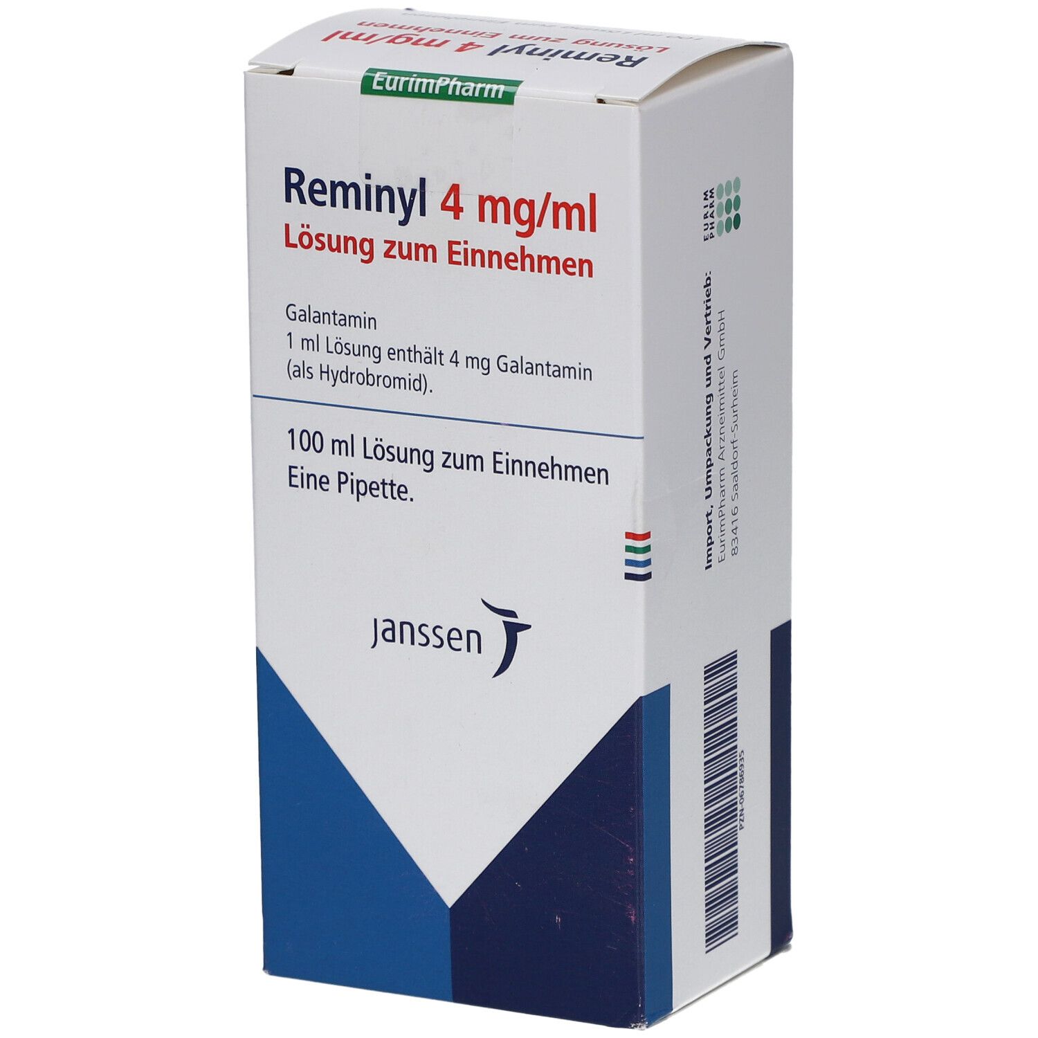 Karton von Reminyl 4 mg/ml. Aufschrift: Lösung zum Einnehmen. Enthält Galantamin. Janssen Logo.