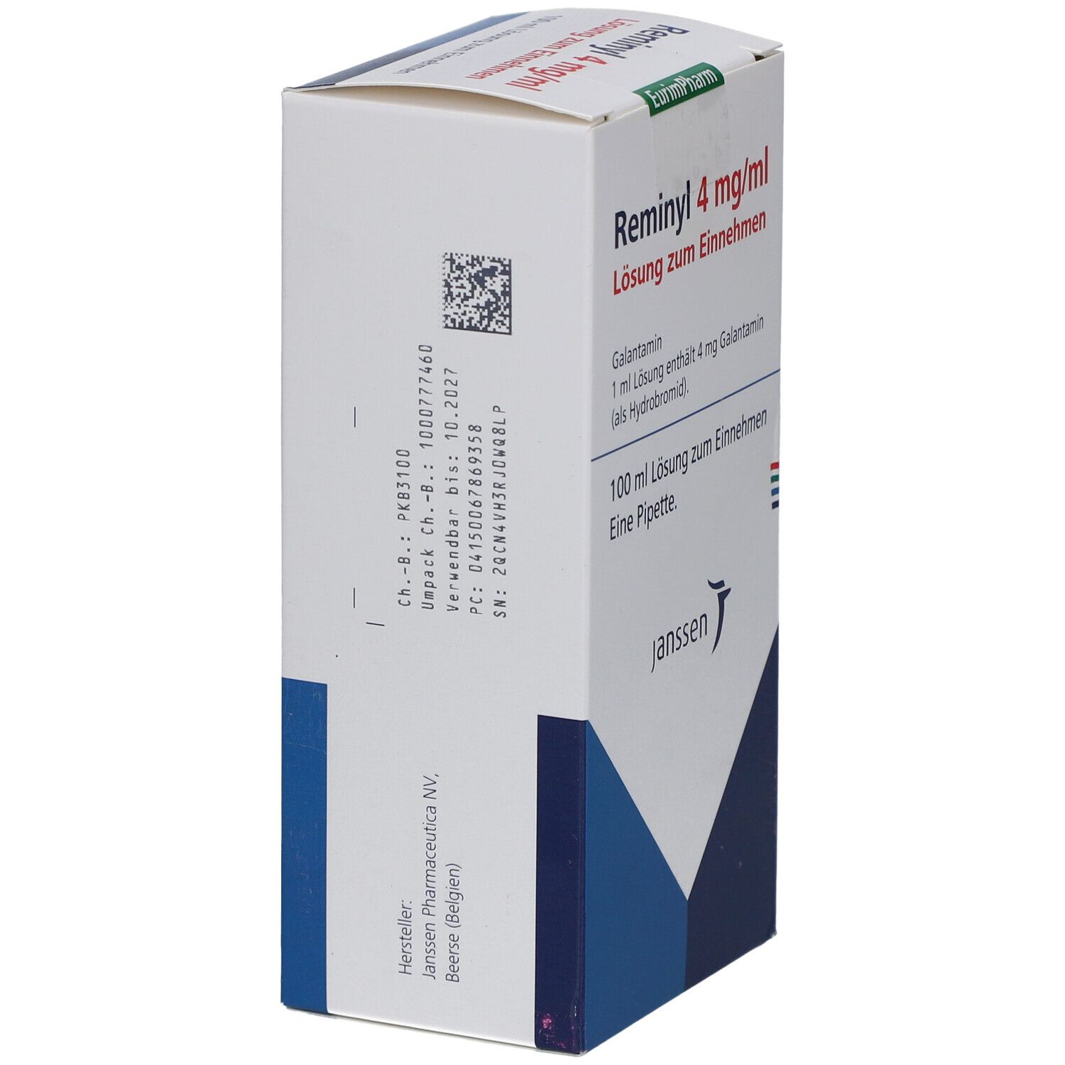 Seitenansicht der Reminyl 4 mg/ml Verpackung. Enthält Informationen wie Chargennummer und Verfallsdatum. Janssen Logo.