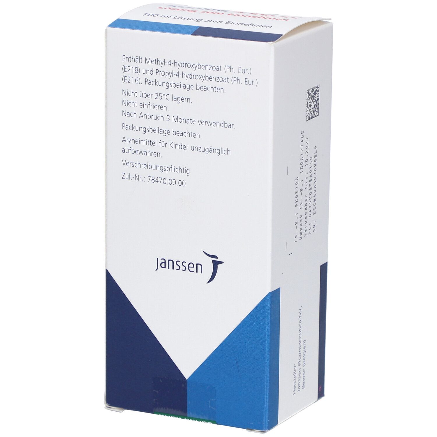 Rückseite der Reminyl 4 mg/ml Verpackung. Enthält Informationen über Inhaltsstoffe und Lagerung. Janssen Logo.