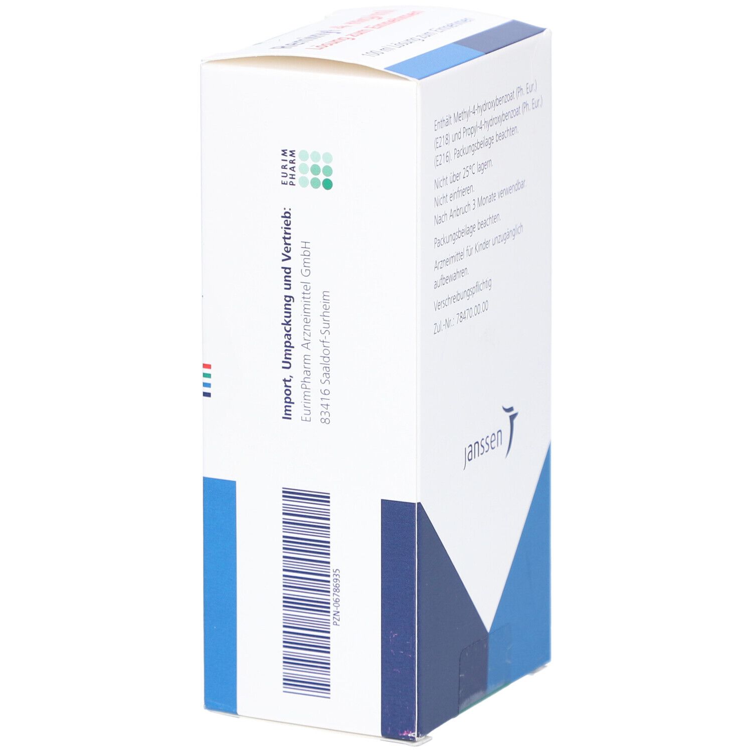 Seitenansicht der Reminyl 4 mg/ml Verpackung. Enthält Informationen über Import und Vertrieb. Janssen Logo.