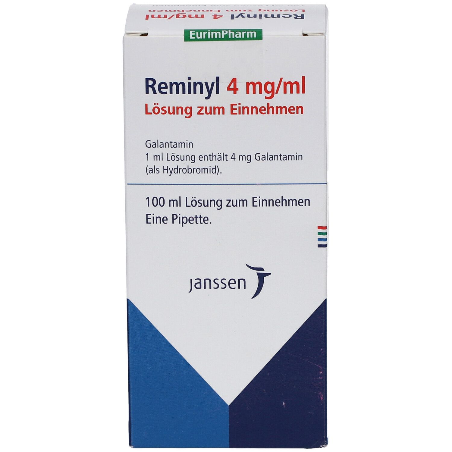 Vorderansicht der Reminyl 4 mg/ml Verpackung. Enthält Produktnamen und Dosierung. Janssen Logo.