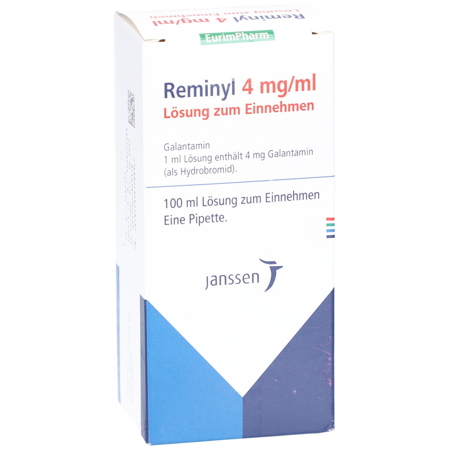Vorderansicht der Reminyl 4 mg/ml Verpackung. Enthält Produktnamen und Dosierung. Janssen Logo.