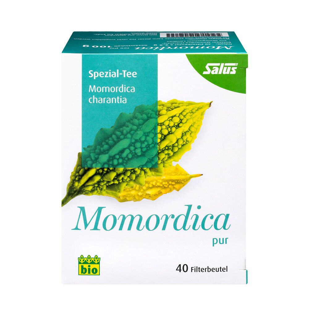 Weißer Karton mit Salus®-Logo und Aufschrift Momordica pur. Abbildung der Bittergurke. 40 Filterbeutel, Bio-Siegel.