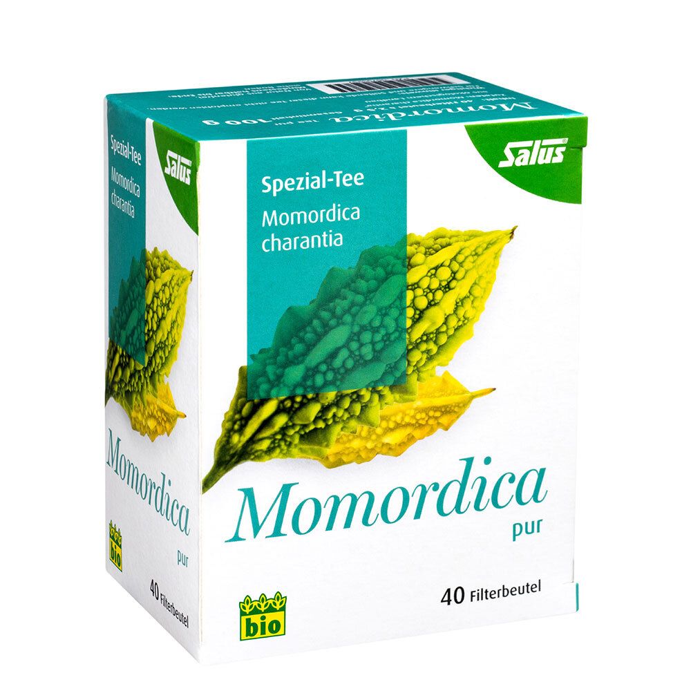 Karton mit Salus®-Logo und Aufschrift Momordica pur. Abbildung der Bittergurke. 40 Filterbeutel, Bio-Siegel. Perspektivische Ansicht.