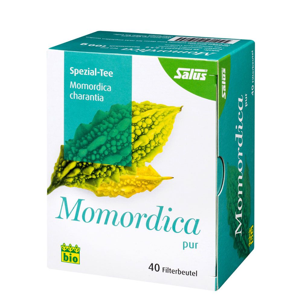 Karton mit Salus®-Logo und Aufschrift Momordica pur. Abbildung der Bittergurke. 40 Filterbeutel, Bio-Siegel. Schräge Ansicht.