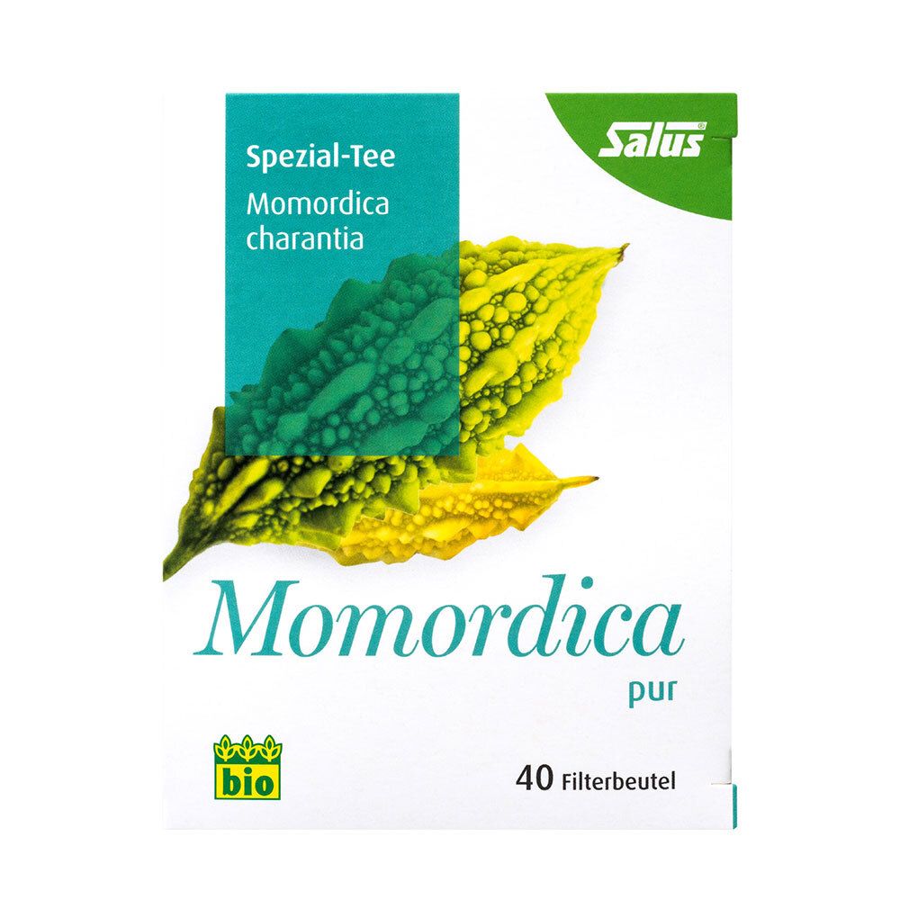 Karton mit Salus®-Logo und Aufschrift Momordica pur. Abbildung der Bittergurke. 40 Filterbeutel, Bio-Siegel. Frontalansicht.