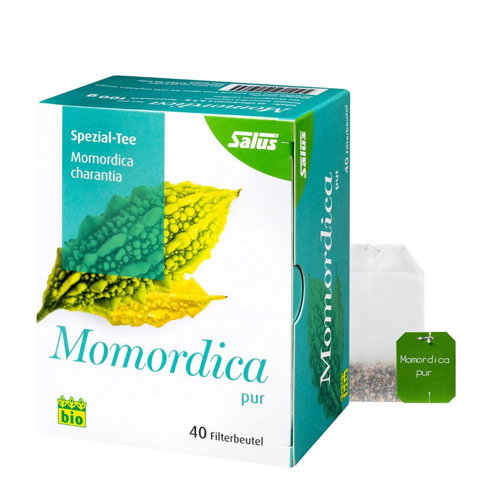 Karton mit Salus®-Logo und Aufschrift Momordica pur. Abbildung der Bittergurke. 40 Filterbeutel, Bio-Siegel. Filterbeutel daneben.
