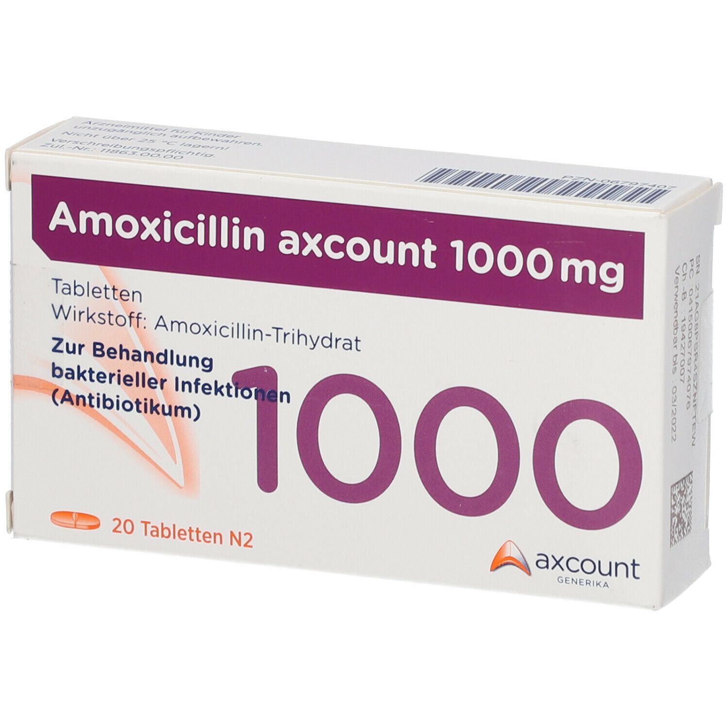Schachtel mit Amoxicillin axcount 1000 mg Tabletten. Aufschrift: 1000, 20 Tabletten N2. axcount Generika.