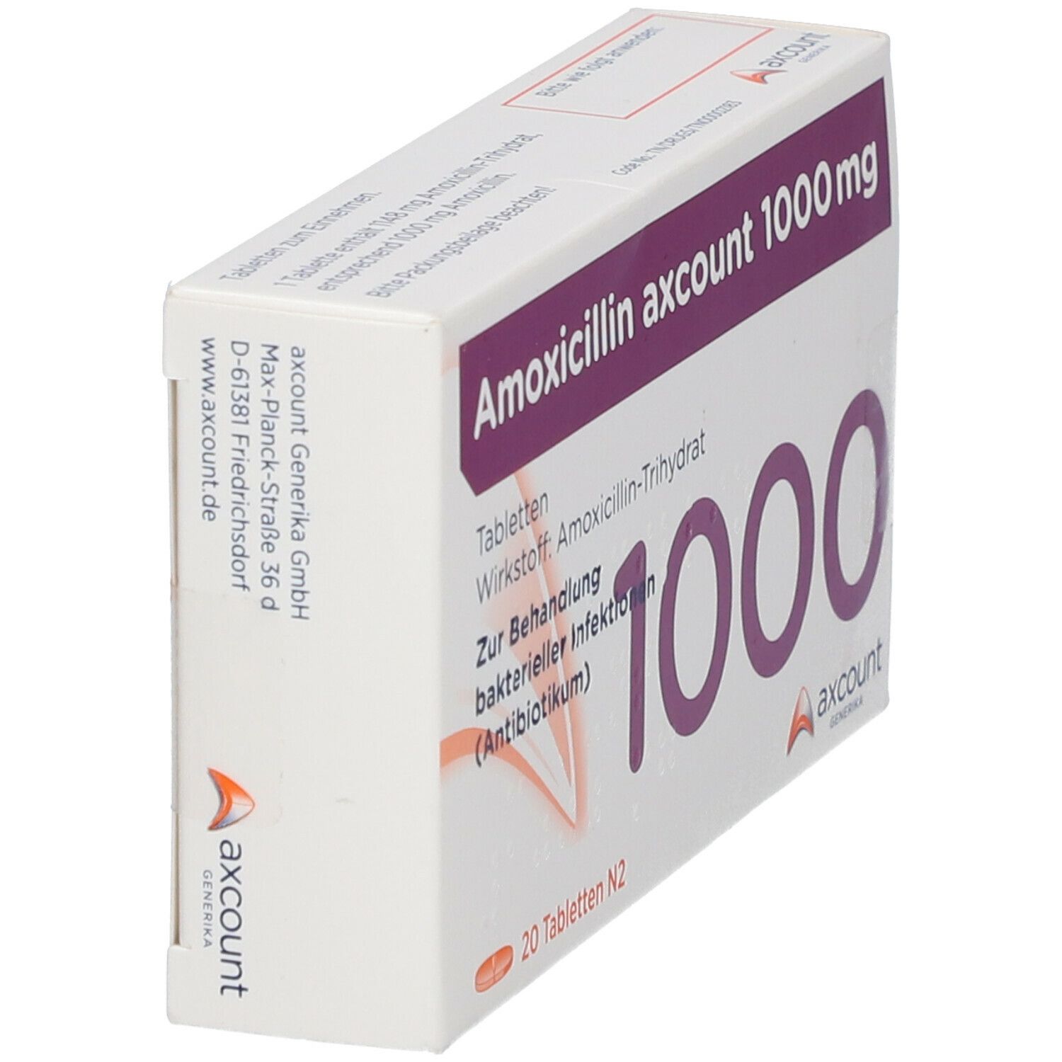 Schrägansicht der Amoxicillin axcount 1000 mg Tabletten-Schachtel. Aufschrift: 1000, axcount Generika.