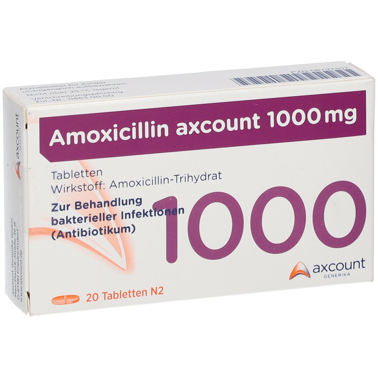 Schachtel mit Amoxicillin axcount 1000 mg Tabletten. Aufschrift: 1000, 20 Tabletten N2. axcount Generika.