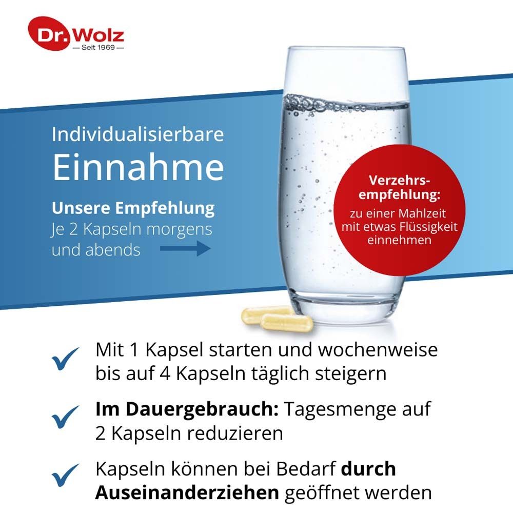 Grafik zur Einnahme von Darmflora plus select*. Empfehlung: 2 Kapseln morgens und abends. Kapseln können geöffnet werden.