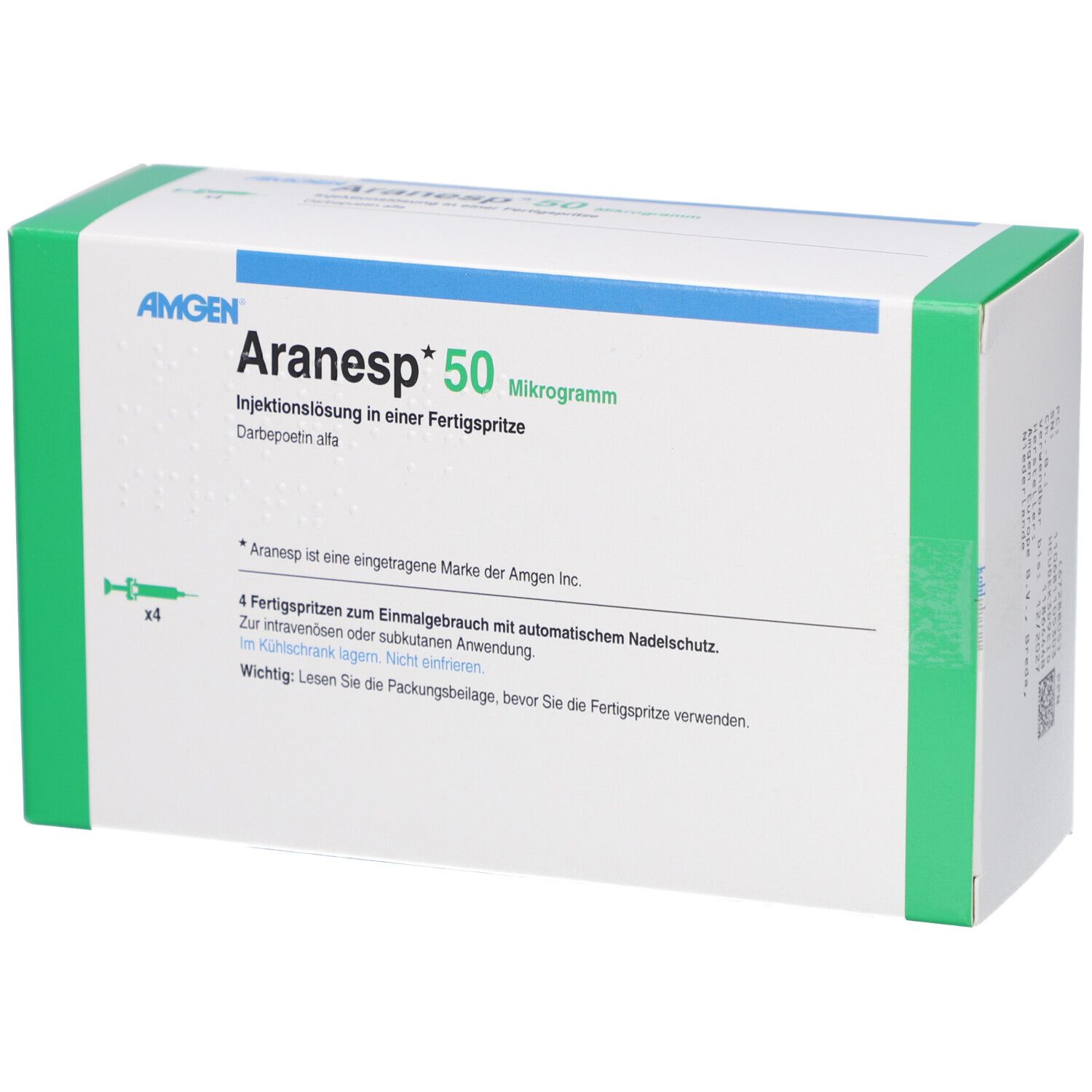 Aranesp 50 Mikrogramm Injektionslösung in Fertigspritze. Weiße Schachtel mit grünen Akzenten. Vier Spritzen abgebildet.