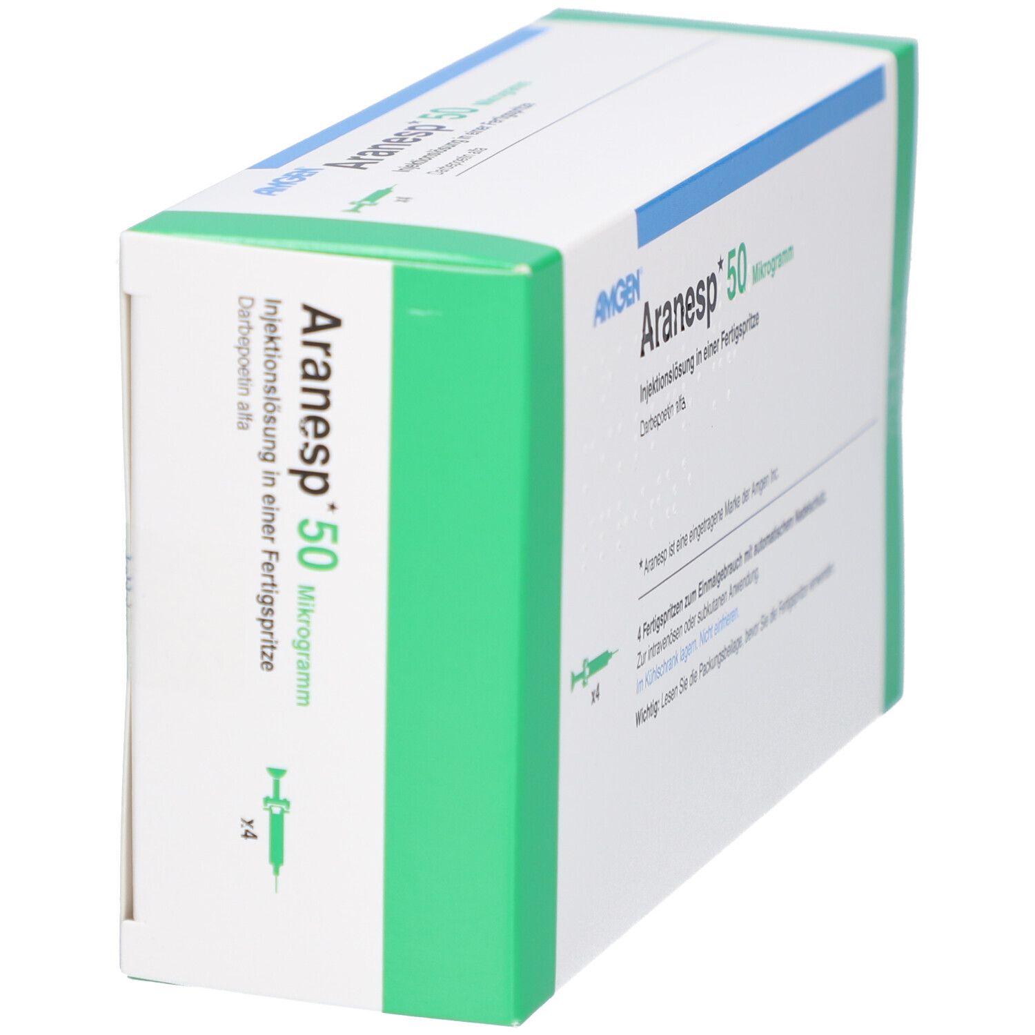 Aranesp 50 Mikrogramm, Injektionslösung in Fertigspritze. Weiße Schachtel mit grünen Akzenten. Seitenansicht.