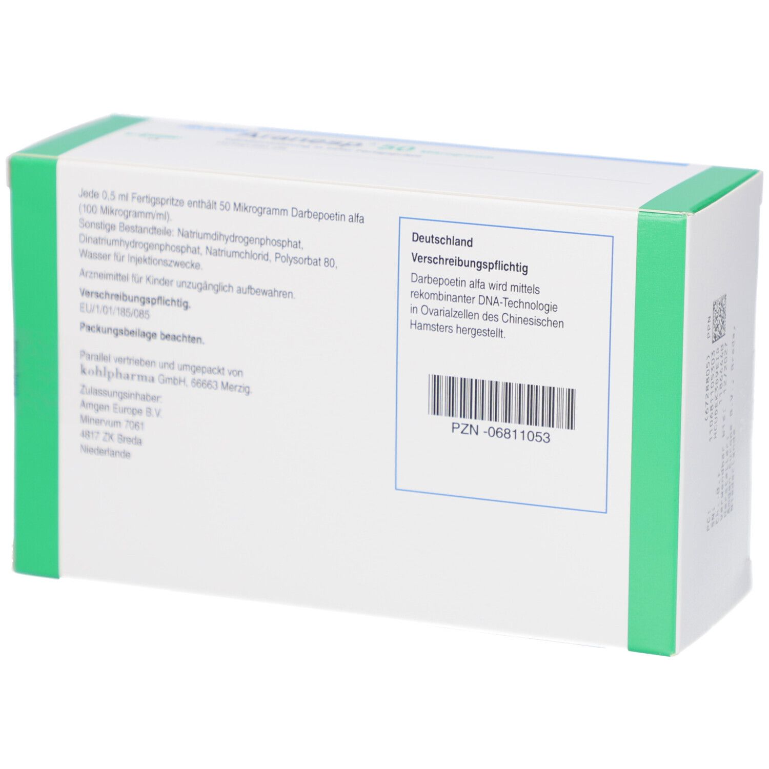 Rückseite der Aranesp-Verpackung. Enthält Informationen und PZN-Code. Weiß mit grünen Akzenten.