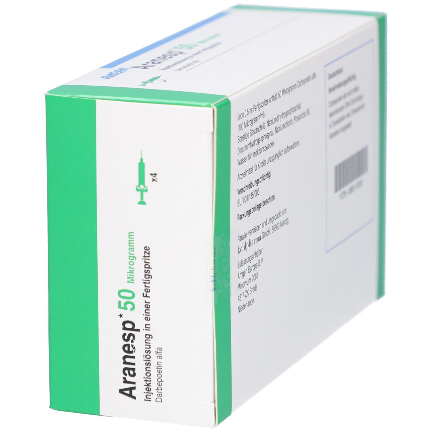 Aranesp 50 Mikrogramm, Injektionslösung in Fertigspritze. Weiße Schachtel mit grünen Akzenten. Schräge Ansicht.