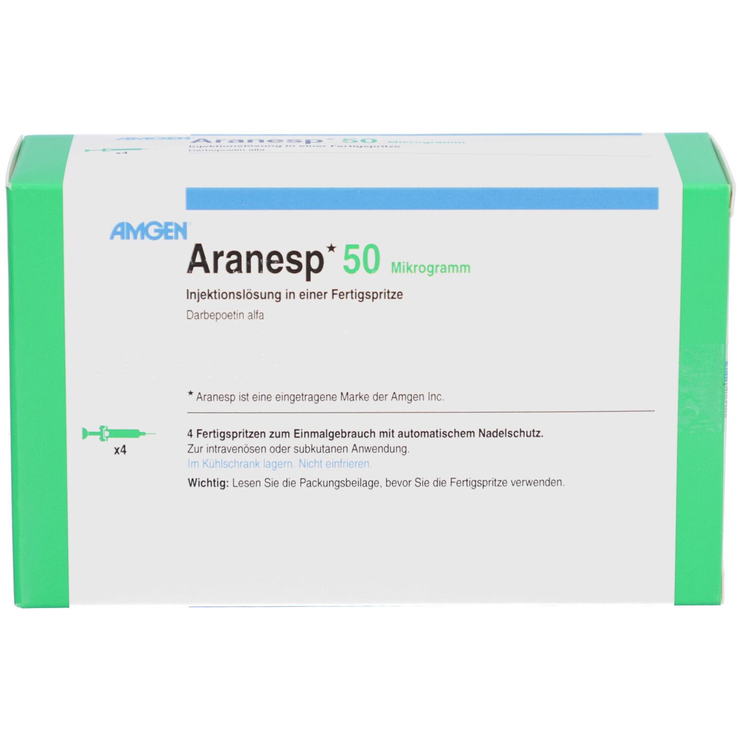 Aranesp 50 Mikrogramm Injektionslösung in Fertigspritze. Weiße Schachtel mit grünen Akzenten. Vier Spritzen abgebildet.