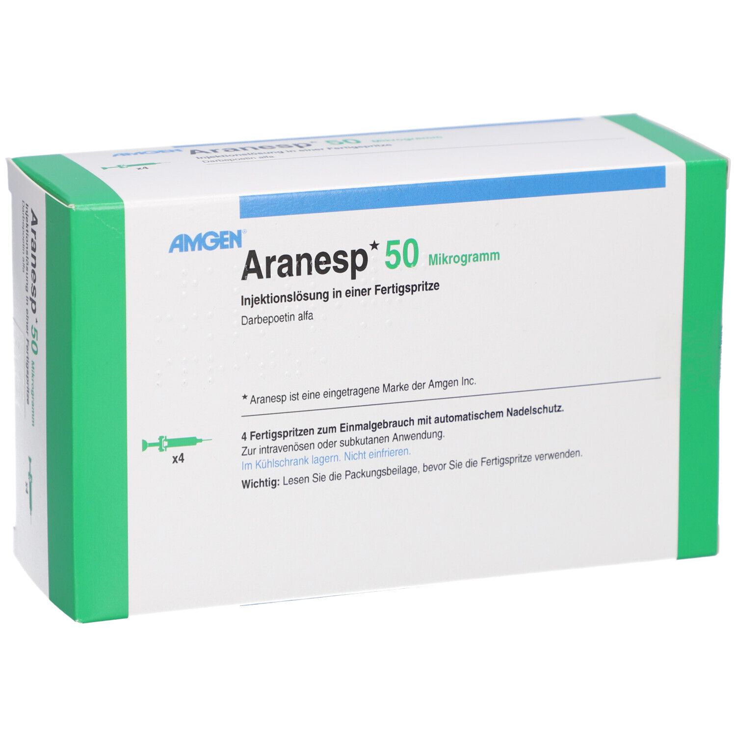 Aranesp 50 Mikrogramm Injektionslösung in Fertigspritze. Weiße Schachtel mit grünen Akzenten. Vier Spritzen abgebildet.
