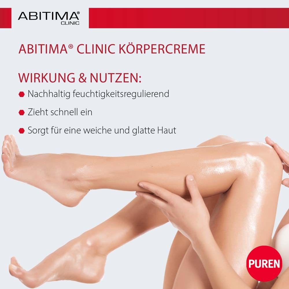 Beine, eingecremt mit ABITIMA® CLINIC Körpercreme. Haut glänzt. Text: Wirkt & Nutzen: feuchtigkeitsregulierend, zieht schnell ein, weiche Haut.