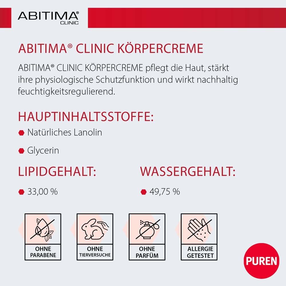 ABITIMA® CLINIC Körpercreme. Text: Hauptinhaltsstoffe: Lanolin, Glycerin. Lipid- und Wassergehalt. Ohne Parabene, Parfum, Tierversuche.