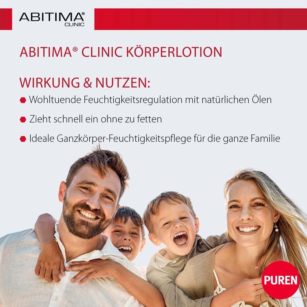 Familie lächelt in die Kamera. Text: ABITIMA® CLINIC Körperlotion, Vorteile für die ganze Familie.