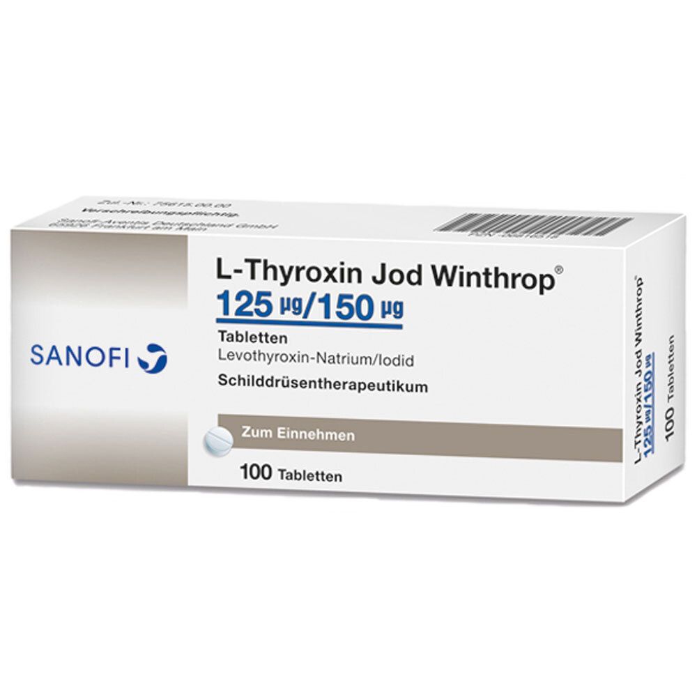 Schachtel L-Thyroxin Jod Winthrop 125 µg/150 µg Tabletten. Sanofi-Logo. 100 Tabletten. Text: Levothyroxin-Natrium/Iodid, Schilddrüsentherapeutikum.