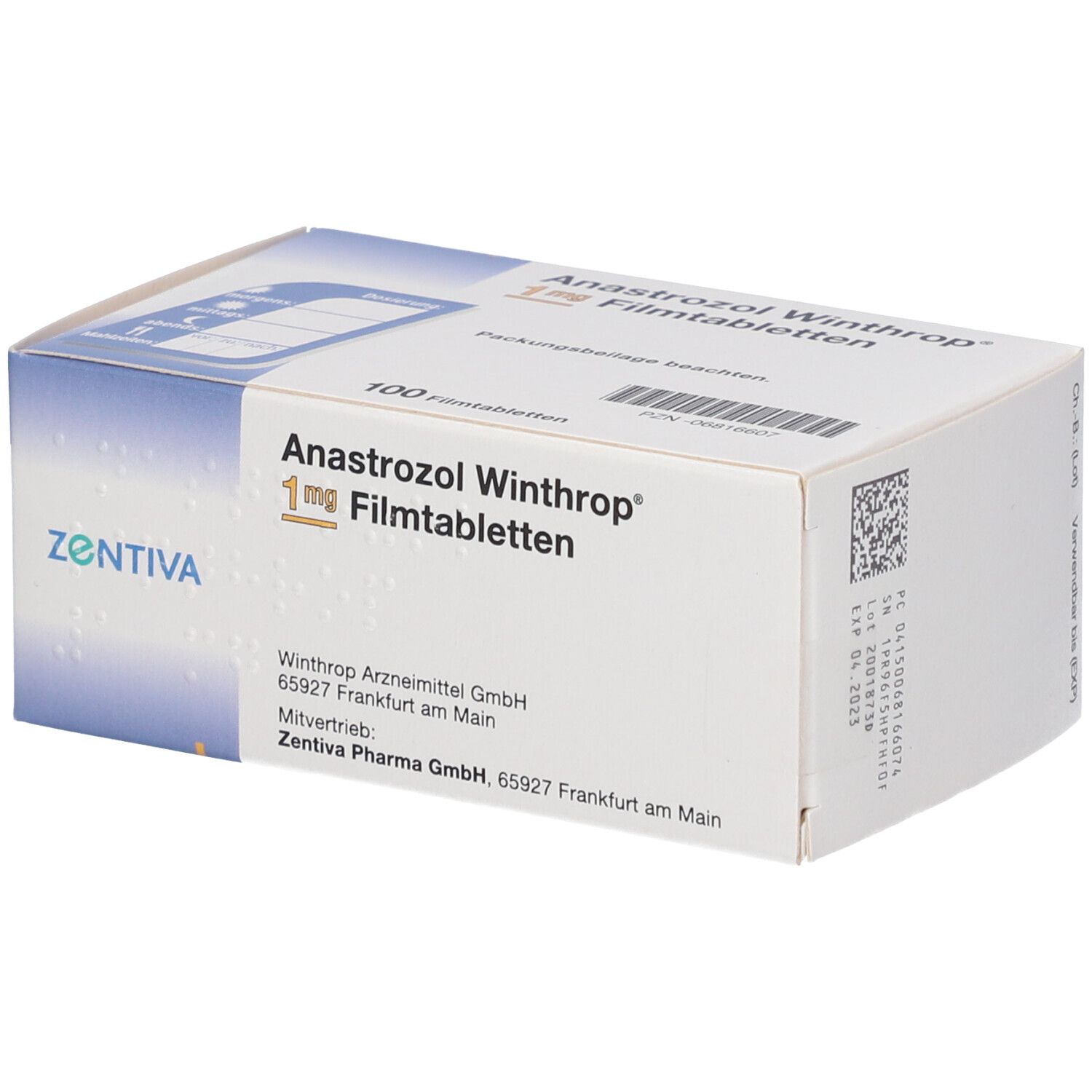 Anastrozol Winthrop 1 mg Filmtabletten. Weiße Schachtel mit Produktnamen, Dosierung und Herstellerinformationen. 100 Tabletten.