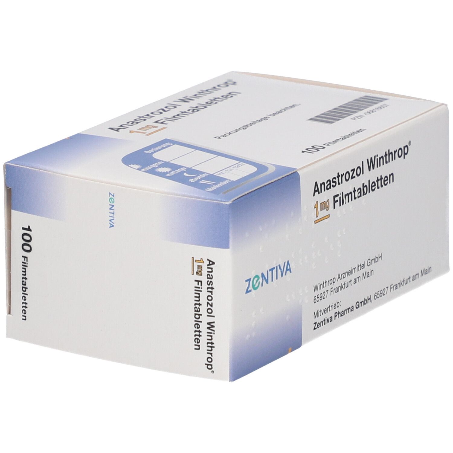 Anastrozol Winthrop 1 mg Filmtabletten. Weiße Schachtel, Produktname und Dosierung deutlich sichtbar. 100 Tabletten.