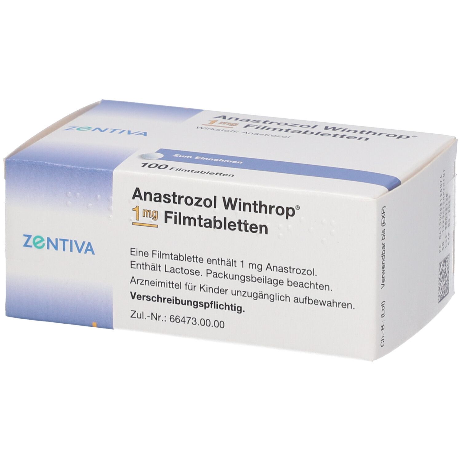 Anastrozol Winthrop 1 mg Filmtabletten. Weiße Schachtel mit Produktinformationen und Dosierung. 100 Tabletten.