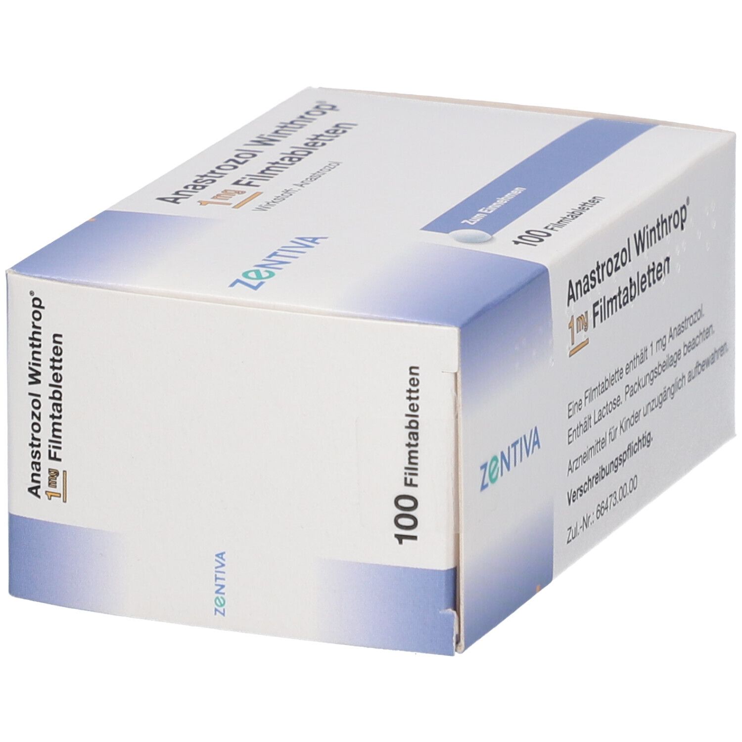 Anastrozol Winthrop 1 mg Filmtabletten. Weiße Schachtel mit Produktnamen, Dosierung und Herstellerlogo. 100 Tabletten.