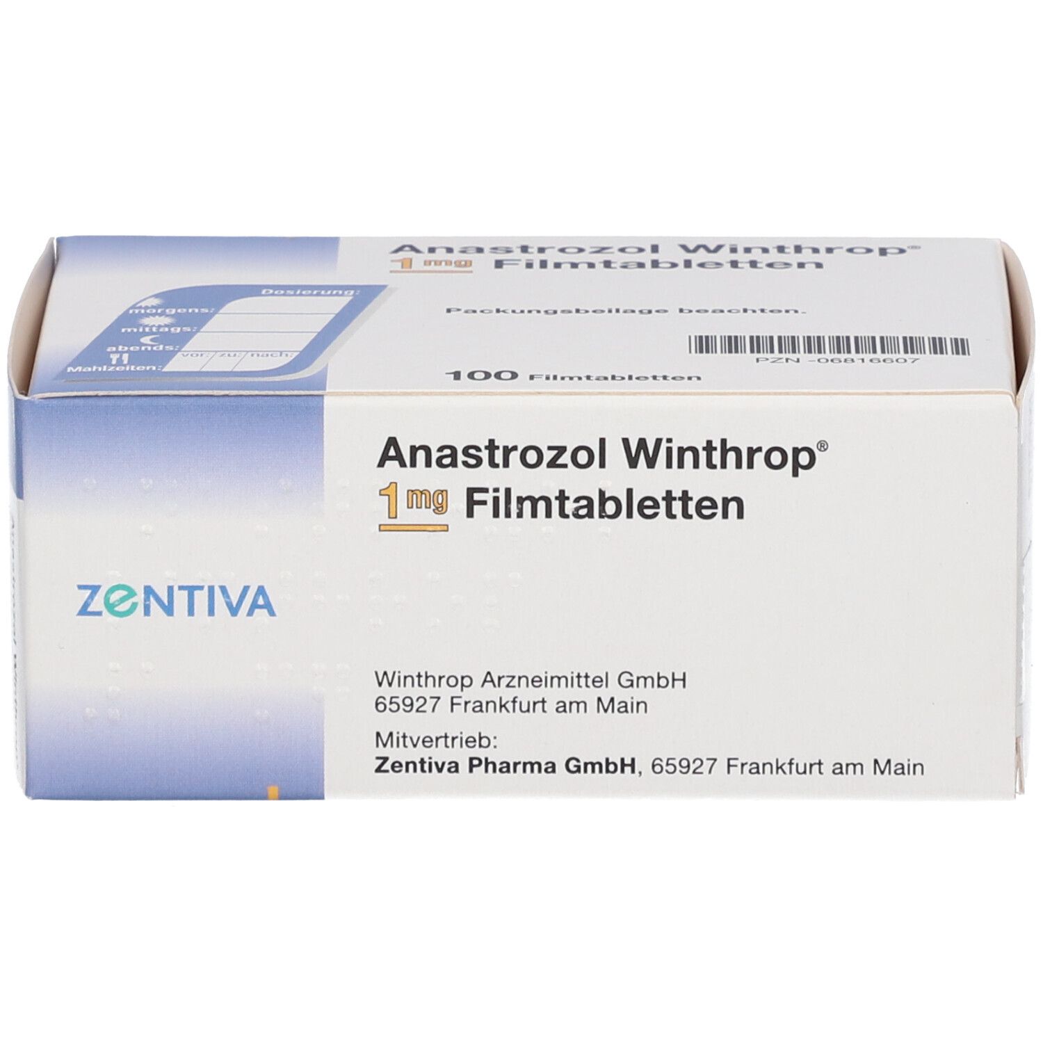 Anastrozol Winthrop 1 mg Filmtabletten. Weiße Schachtel mit Produktnamen, Dosierung und Herstellerinformationen. 100 Tabletten.