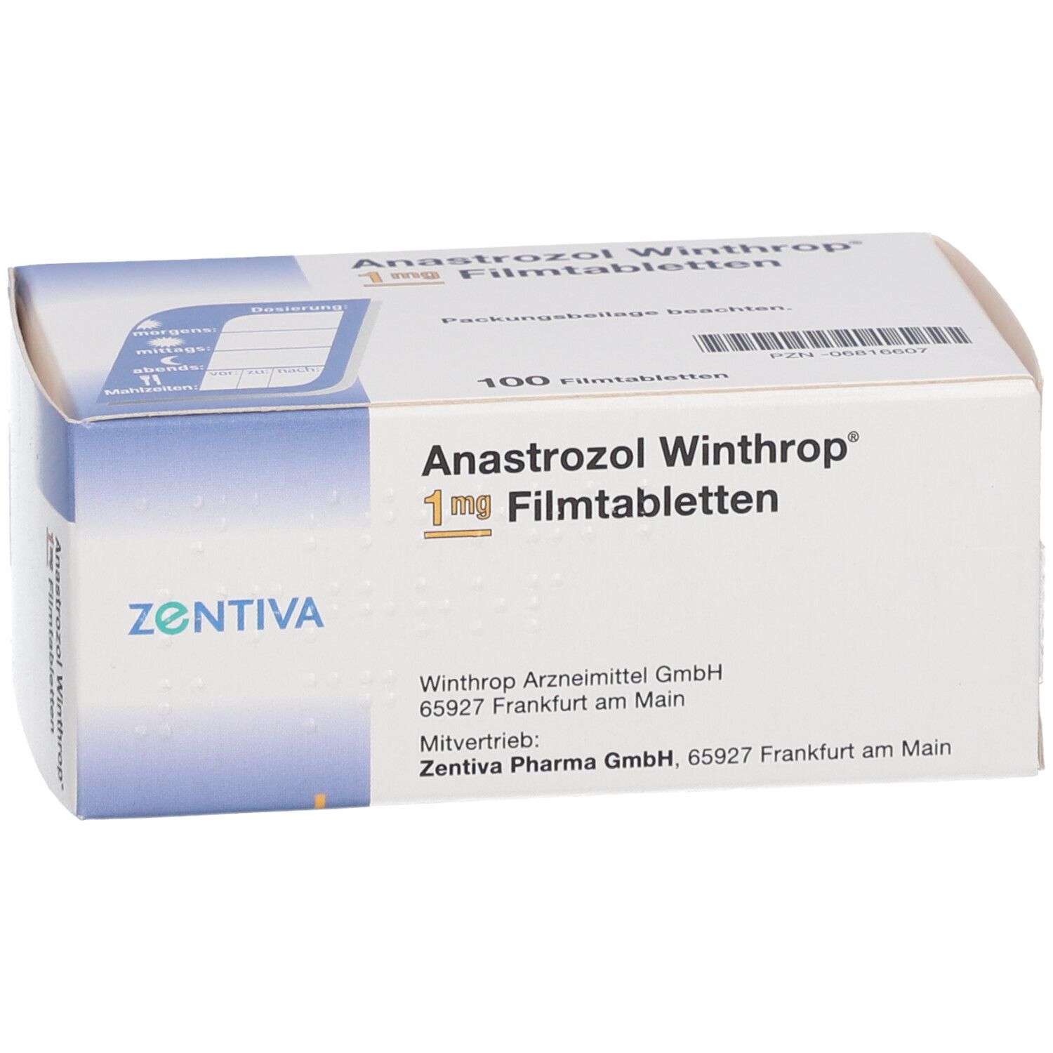 Anastrozol Winthrop 1 mg Filmtabletten. Weiße Schachtel mit Produktnamen, Dosierung und Herstellerlogo. 100 Tabletten.