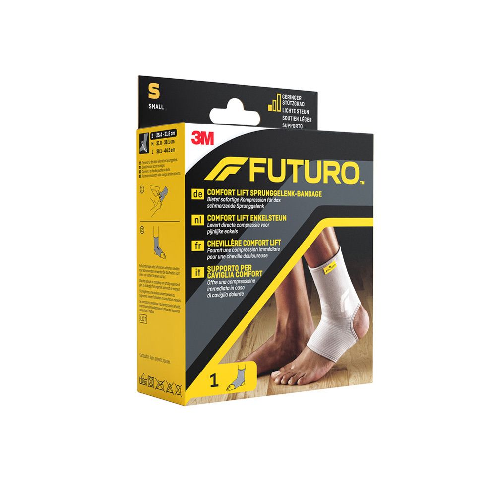FUTURO Comfort Sprunggelenk-Bandage, Größe S, in Verpackung. Produktabbildung mit Bandage am Fuß. Text in Deutsch, Französisch, Italienisch, Niederländisch.