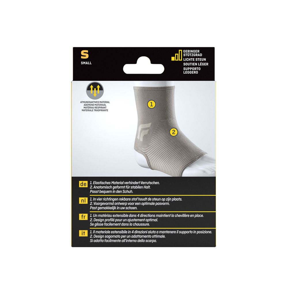 FUTURO Comfort Sprunggelenk-Bandage, Größe S. Nahaufnahme der Bandage. Text mit Produktmerkmalen. Elastisches Material, Designprofil.