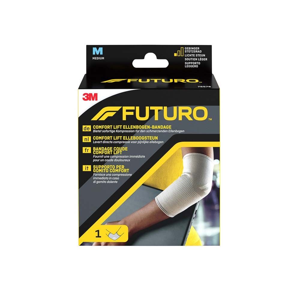 FUTURO Comfort Ellenbogen-Bandage, Größe M, in Verpackung. Bandage am Arm gezeigt. 3M-Logo und Produktbezeichnung sichtbar.