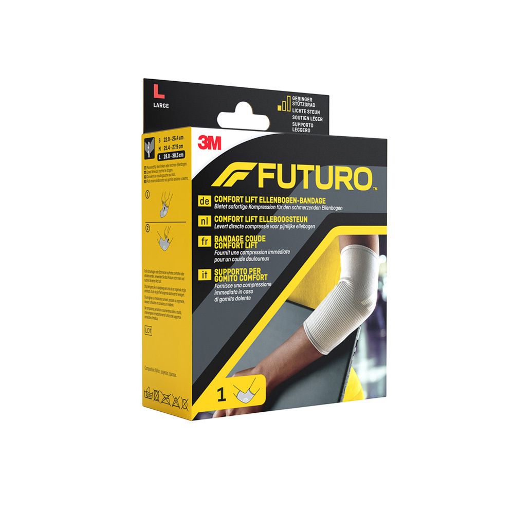 FUTURO Comfort Ellenbogen-Bandage, Größe L, in Verpackung. Schwarze Schachtel mit Größenangaben und Produktabbildung.
