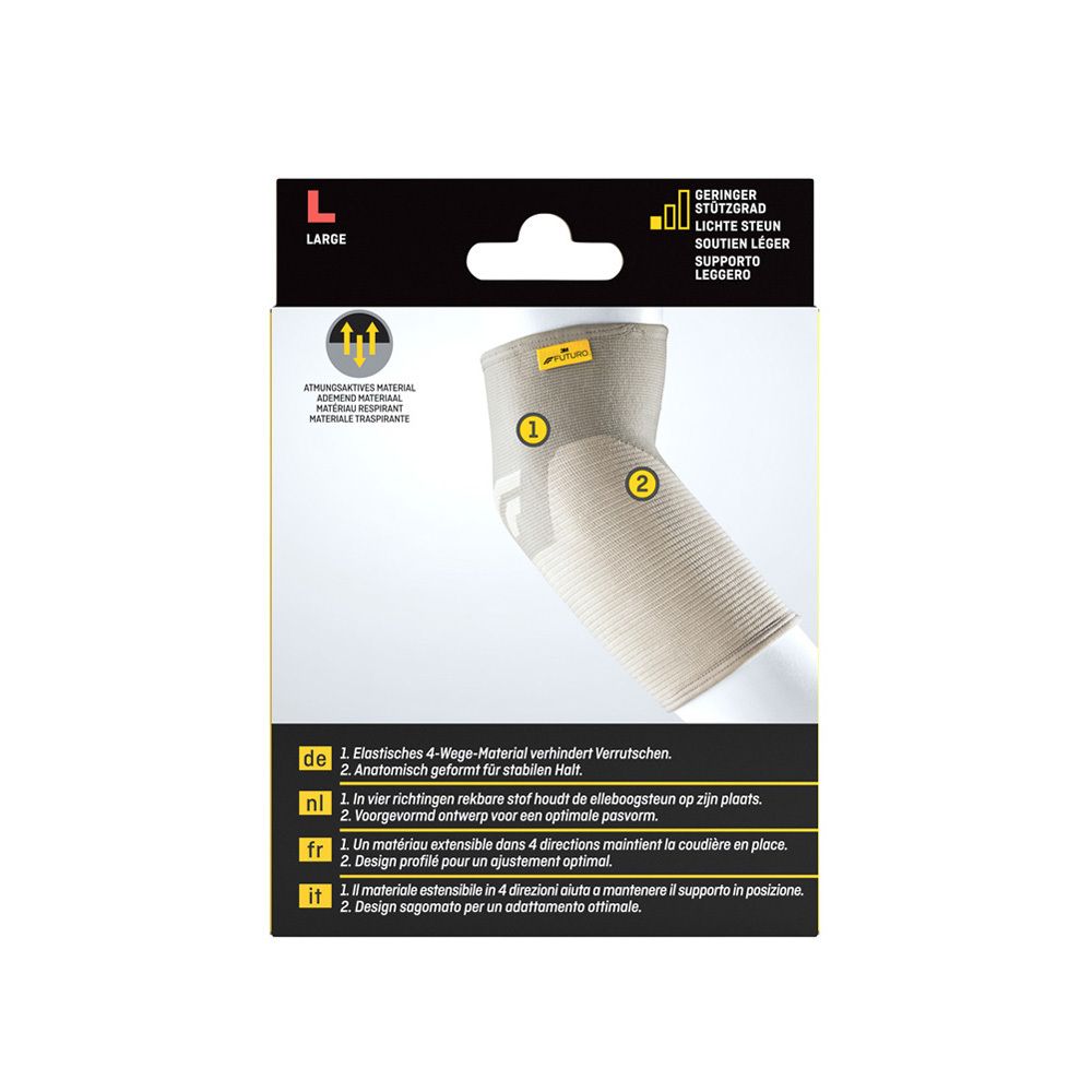 Rückseite der FUTURO Comfort Ellenbogen-Bandage, Größe L, in Verpackung. Produktmerkmale in Deutsch, Niederländisch, Französisch, Italienisch.