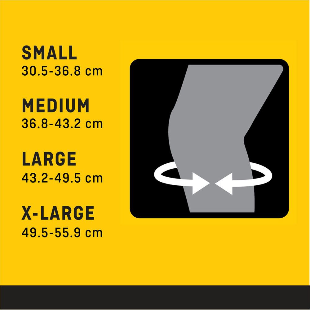Größenübersicht für FUTURO Knie-Bandagen. Größen: Small, Medium, Large, X-Large. Illustration einer Kniebandage.