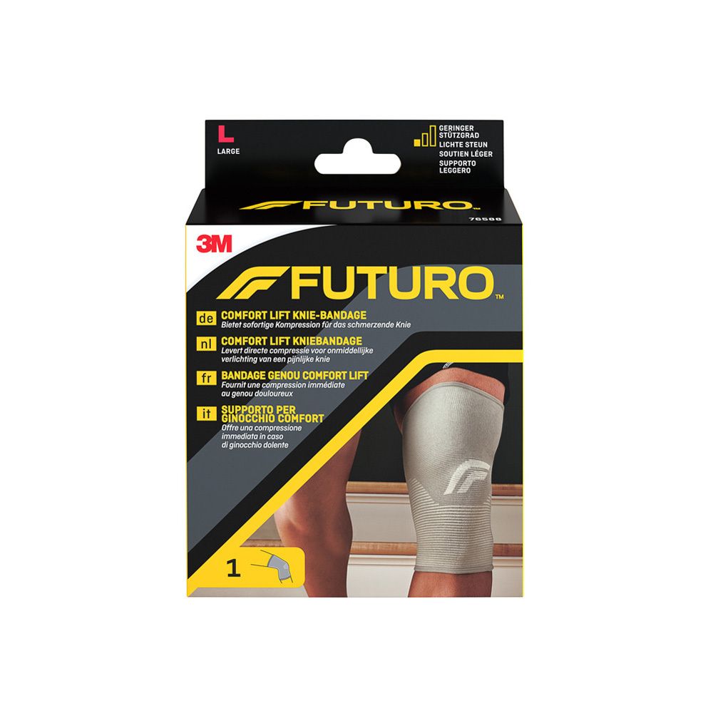 FUTURO Comfort Knie-Bandage, Größe L, in Verpackung. Produktabbildung mit Bein. 3M-Logo.
